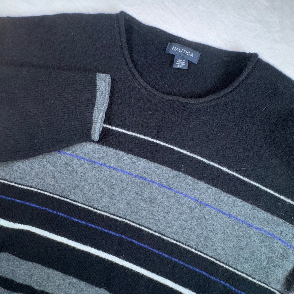 Nautica Sweater Mens XXL Black Grey Striped 100% Wool Crewneck Pullover